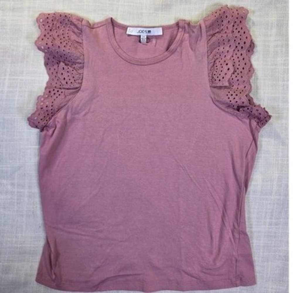 Joe's Jeans Womens Eyelet Ruffle Sleeve Top Mauve Pink Crew Neck Blouse XS